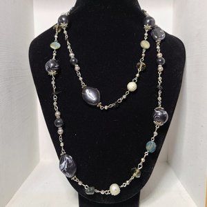 Long Vintage Wrap Statement Necklace Silver Tone Smokey Glass Pearlescent Black